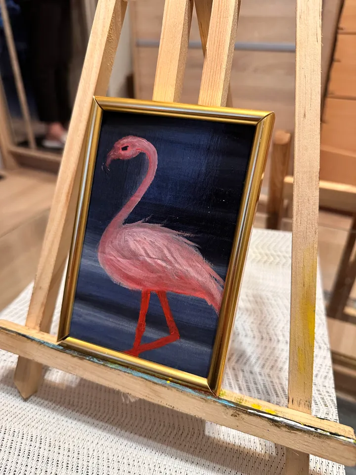 Oil painting. Pink flamingo.Birds.A water landscape.The miniature is 6x4 inches.Pape