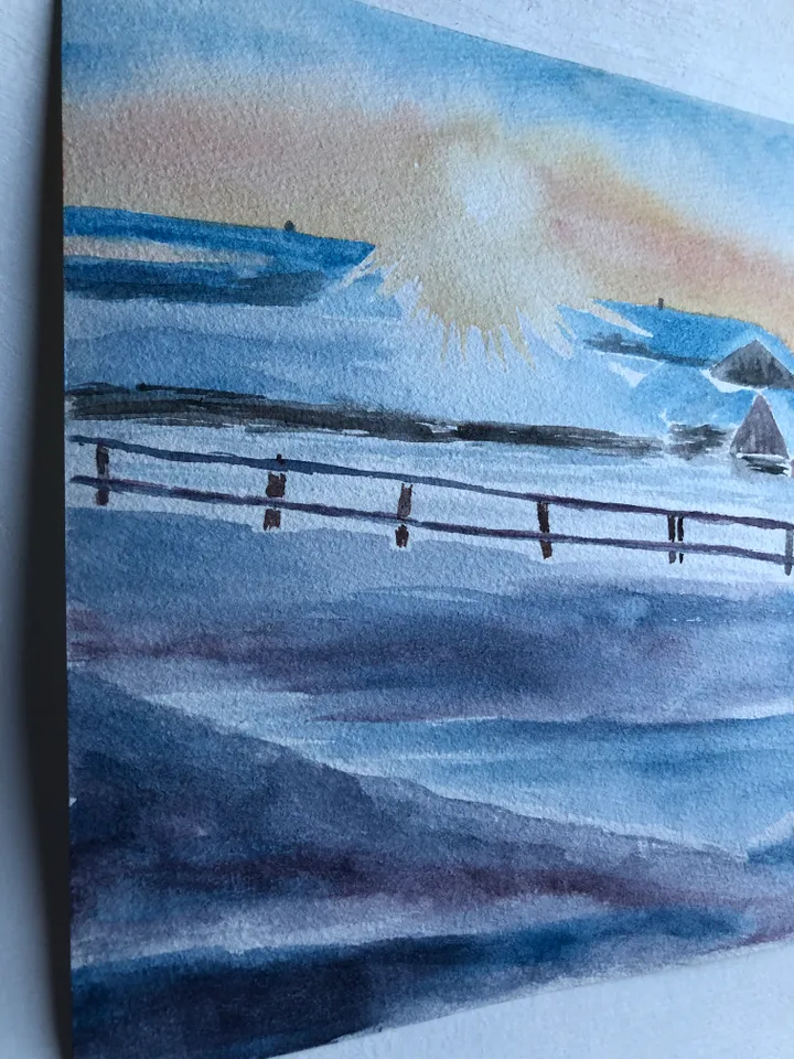 Winter village original watercolour painting