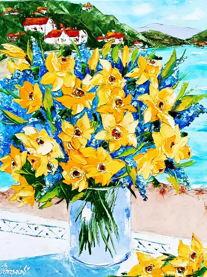 Daffodils Painting Italy Original Art 20x16 Italy Amalfitan Seaside Coast Painting Panorama Blooming Marina Southern Sorrento Art