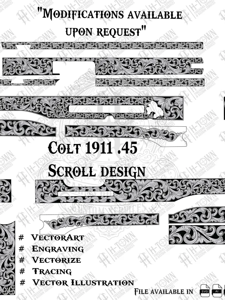 Colt 1911 Government model .45 Scroll Engraving | Full Slide Vector Design | Laser Ready Svg PNG EPS AI | Custom Pistol Art