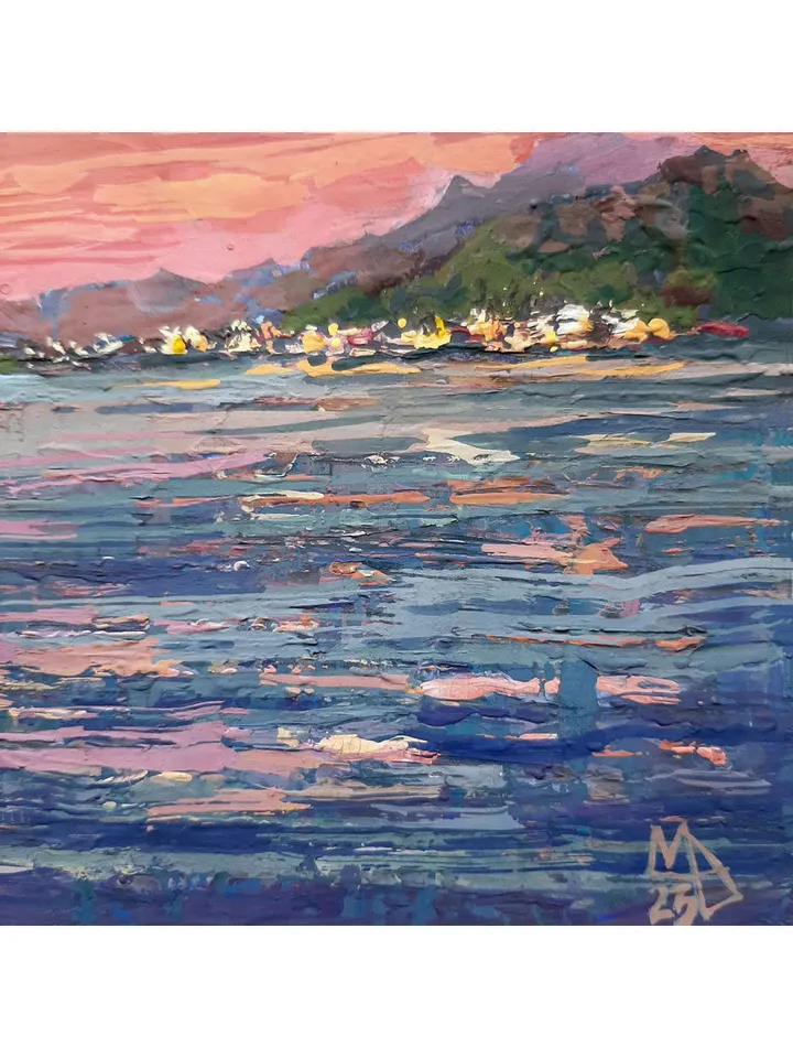Seascape at Pink Sunset 5x7" ORIGINAL ARTWORK Impressionist Small Painting Signed by artist Marina Chuchko