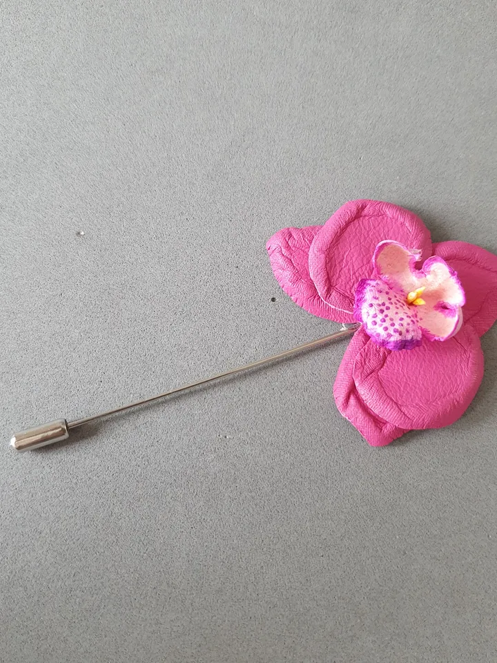 Pink orchid men's lapel pin Leather boutonniere for him 3rd anniversary gift, art.57