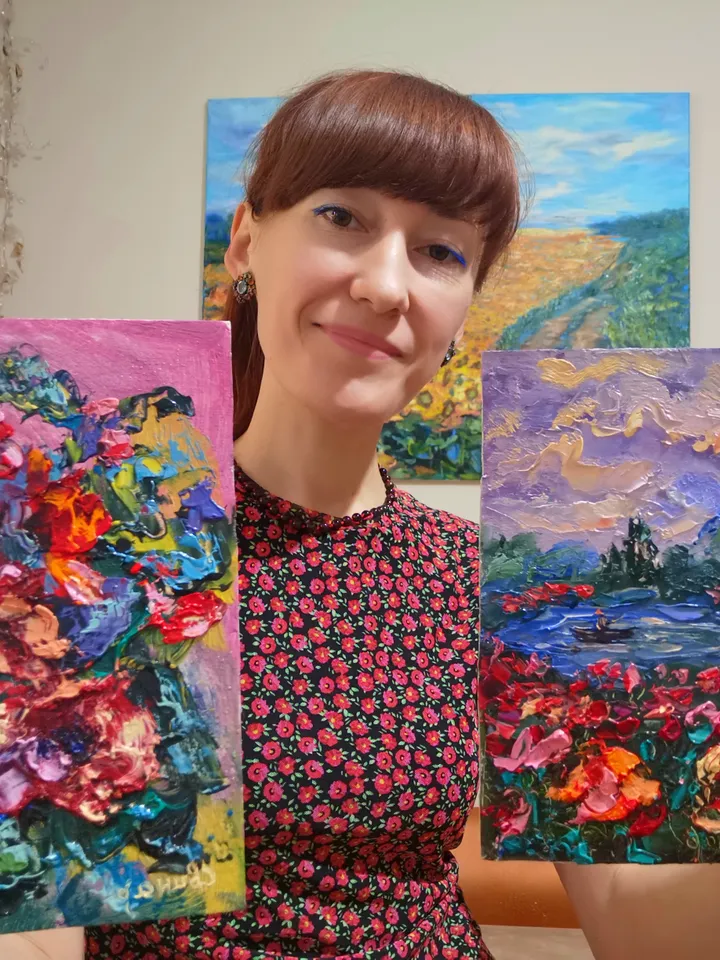 Bright Poppies Lake Boat Sunset Impasto Oil Painting Flowers Original Artist Svinar Oksana