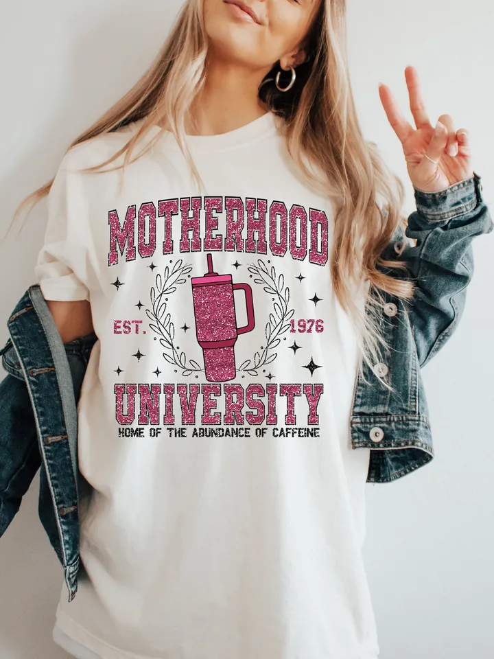 Motherhood University PNG, Faux Glitter Sparkly mama,  funny mama png, Preppy Ice Coffee Mama, Sublimation, funny mama, mom, mothers day