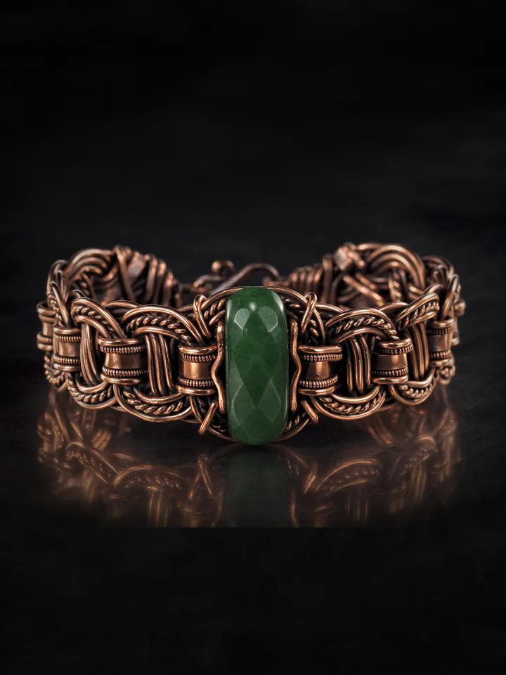 Copper wire wrapped jade bracelet 7th Anniversary gift