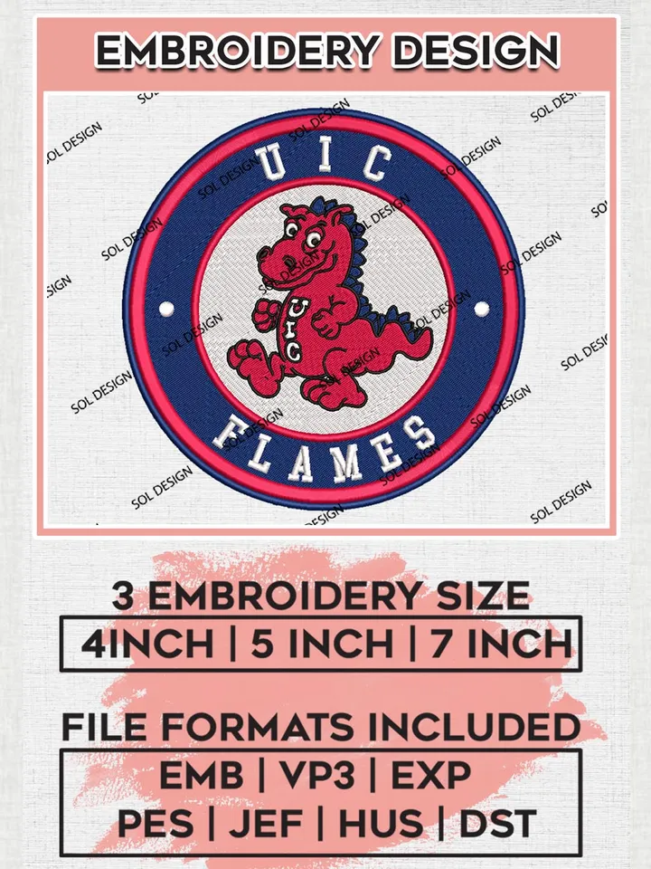 NCAA UIC Flames Round Logo Embroidery, NCAA UIC Flames Logo Embroidery files, NCAA Teams, Machine embroidery designs, Digital Download