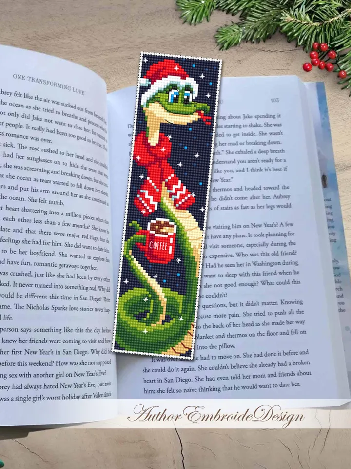 Christmas bookmark cross stitch pattern PDF download Cute snake cross stitch chart, Coffee bookmark pattern digital PDF Happy new year #B362