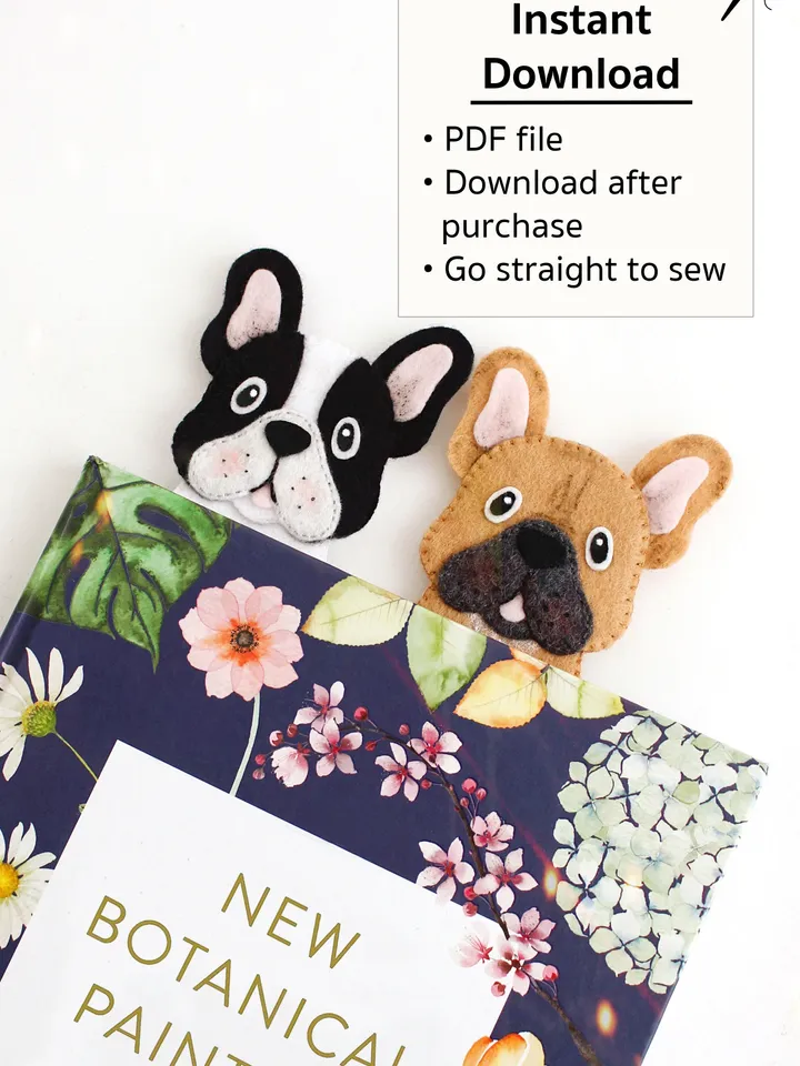 Felt long French bulldogs bookmarks hand sewing PDF tutorial with patterns. DIY dog bookmarks. Book and pets lover gift. Felt school supplies
