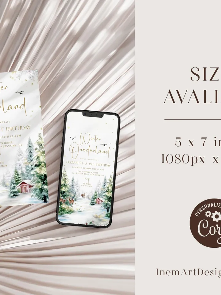 Winter Onederland 1st Birthday Invitation, Snow Woodland 1st Birthday Invite, Winter Onederland, Printable 1st Birthday Invitation - I128