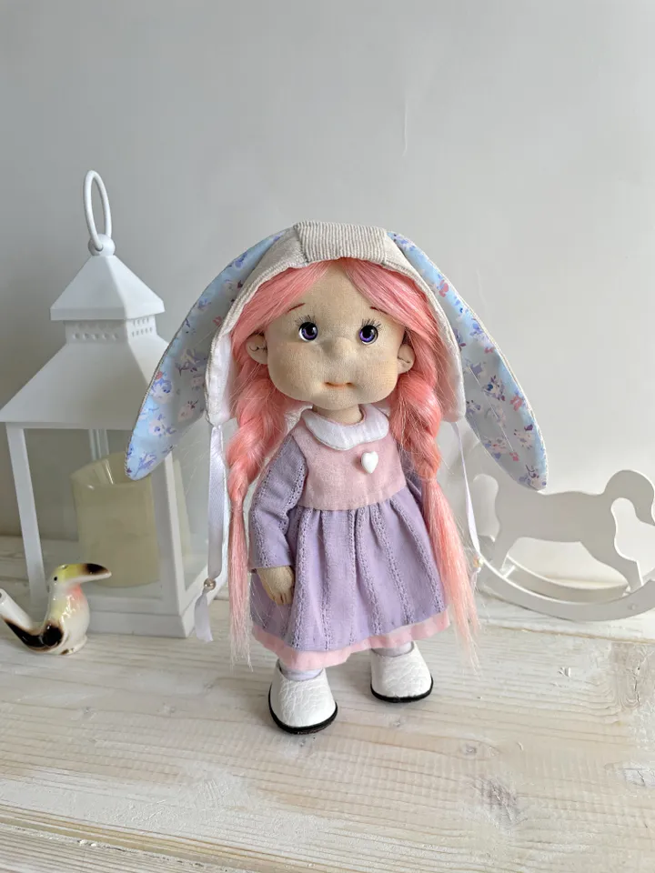 Handmade Bunny Textile Doll Waldorf Style Collectible Art Doll Heirloom Gift (20cm) Birthday Gift for Girl