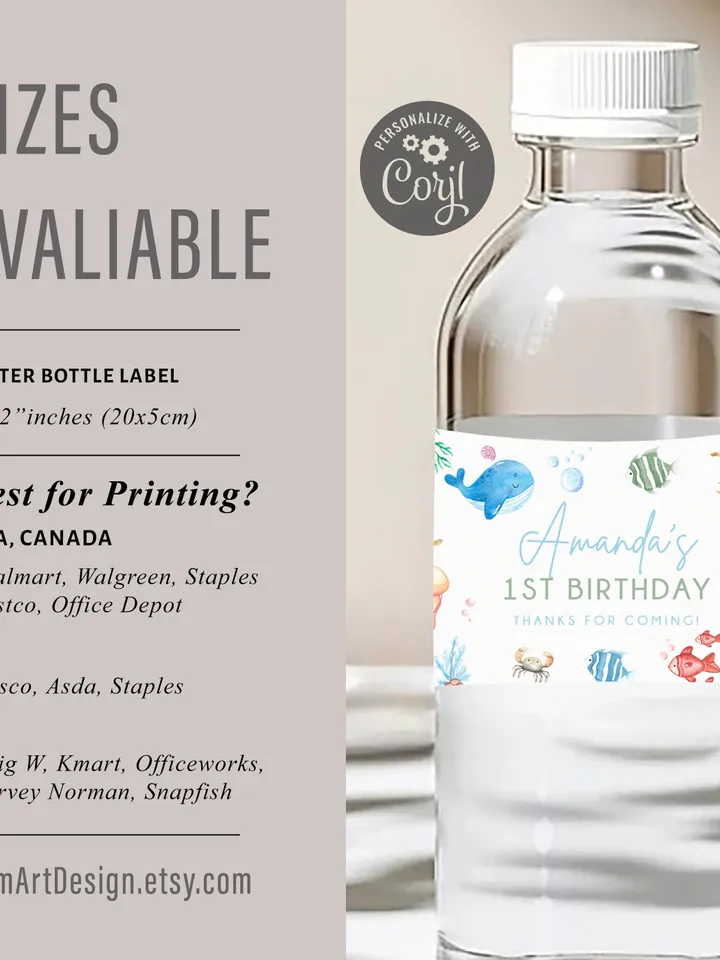 Under the Sea Water Bottle Label, Oneder the Sea Water Labels, Printable Water Label, 1st Birthday Boy or Girl, Under the Sea Labels I107