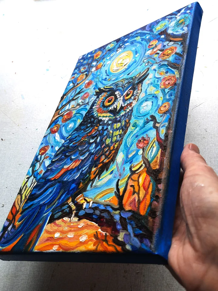 Owl Art Bird Oil Impasto  Oil Painting Original Oil painting 12*8