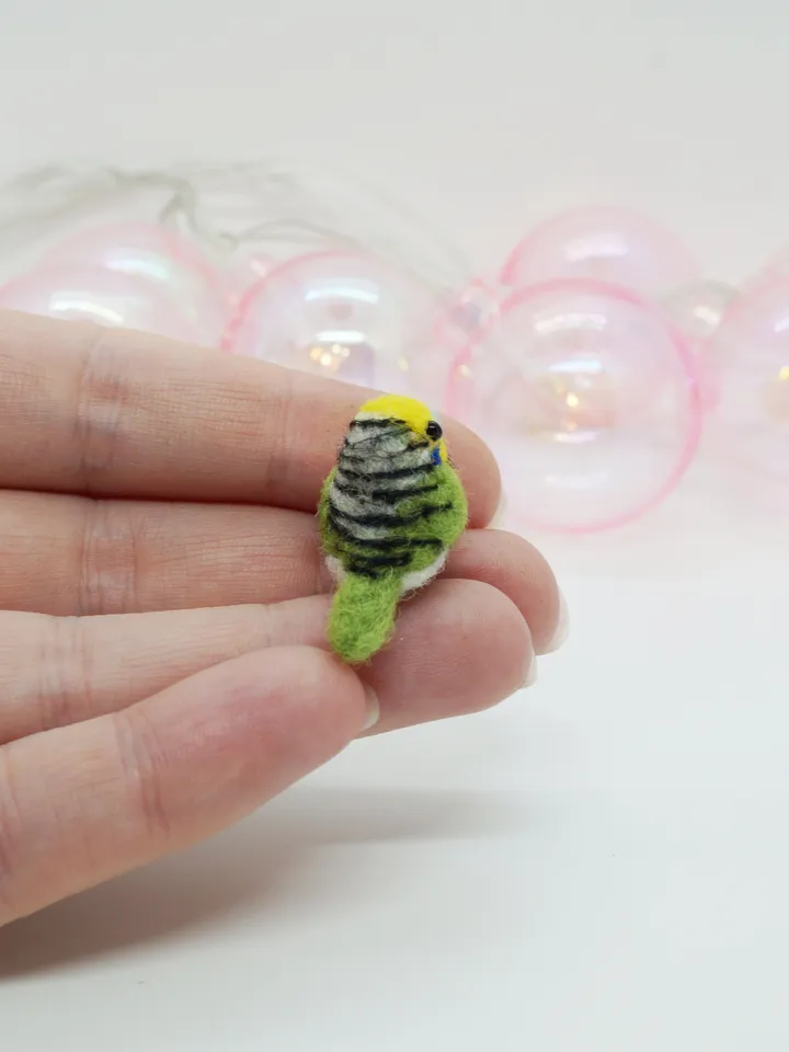 Miniature needle felted green budgie, tiny pet, tiny bird