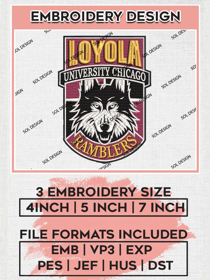 Loyola Chicago Ramblers College Football Team Logo Embroidery Design Files, NCAA Loyola Chicago Ramblers Machine Embroidery, NCAA Teams, 3 sizes, NCAA Machine embroidery designs, Digital Download