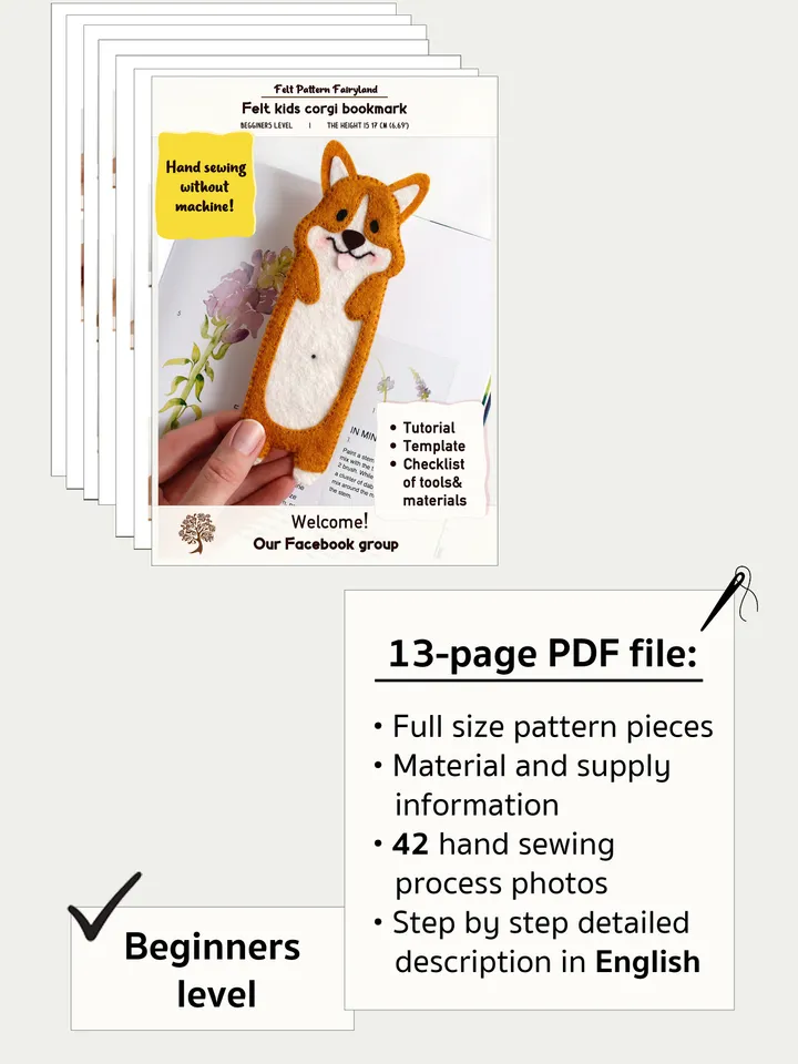 Felt long corgi bookmark hand sewing PDF tutorial with patterns. DIY dog bookmark. Book and pets lover gift. Felt school supplies