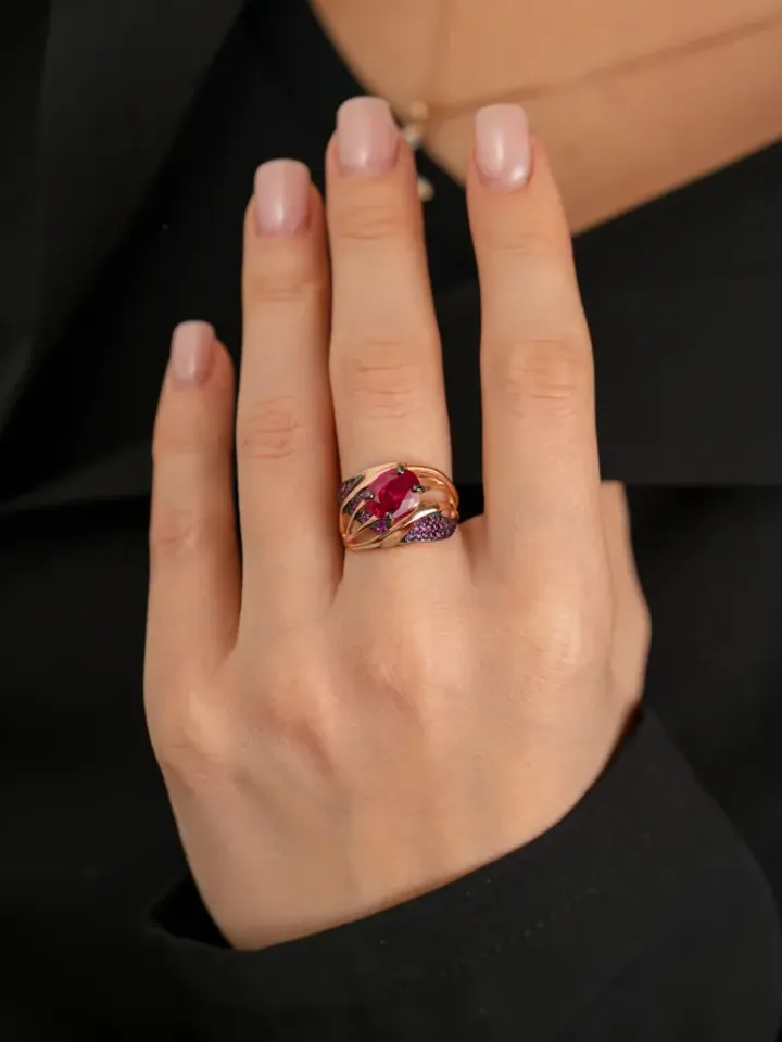Ring Silver gold plated 925 assay value with corundum and ruby