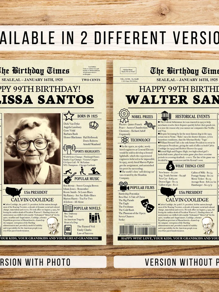 99th birthday gift for her, 99th birthday newspaper poster, 1925 birthday poster, grandma birthday gift, birthday gift for grandma