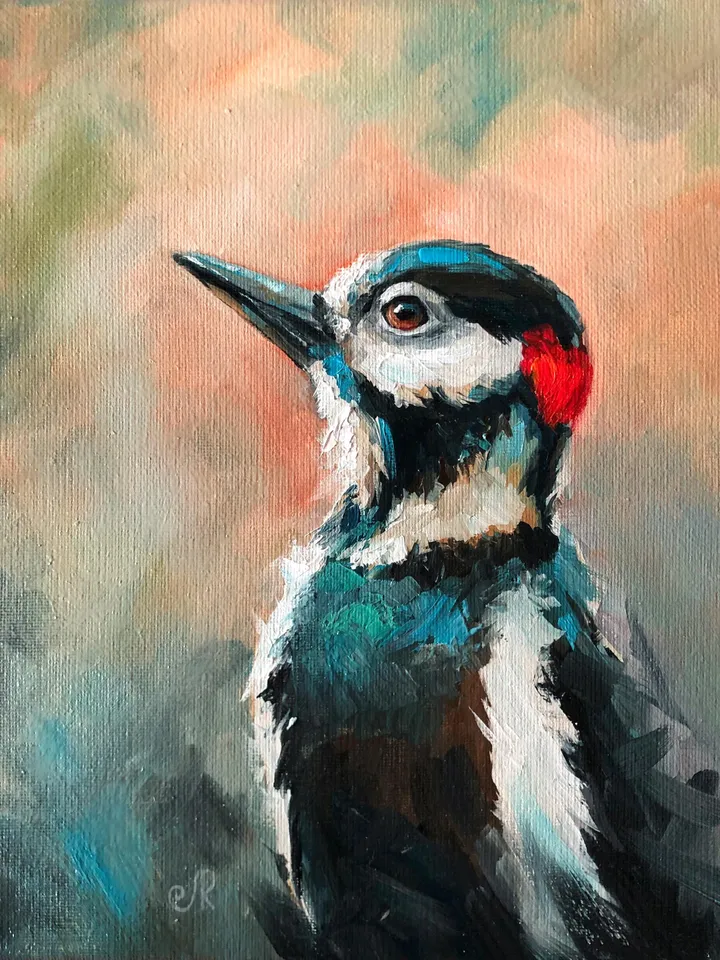 Birds Original Painting Woodpecker Wall Art Bird Oil Painting