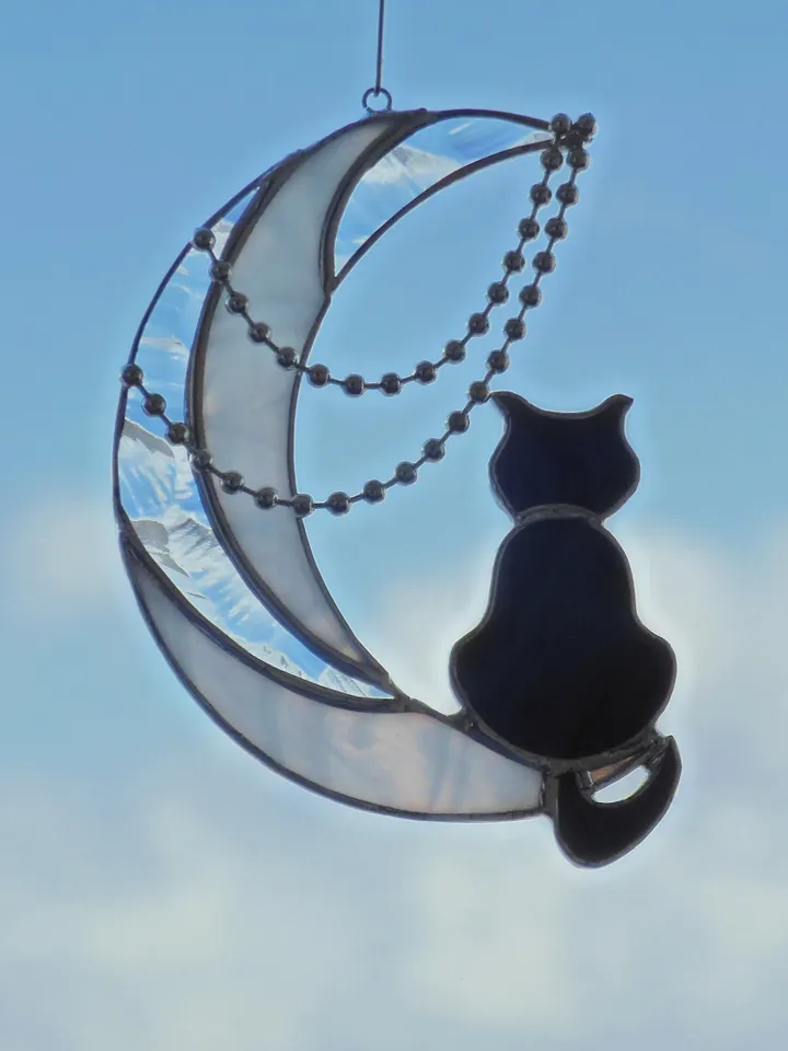 Black Cat On The Moon with Chains . Art stained glass window hanging Suncatcher . Gift for animal lover , pet loss memorial . White , black