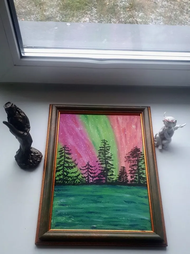 Aurora Borealis Nothern Lights Art, Acrylic on Paper, Nothern Landscape Painting