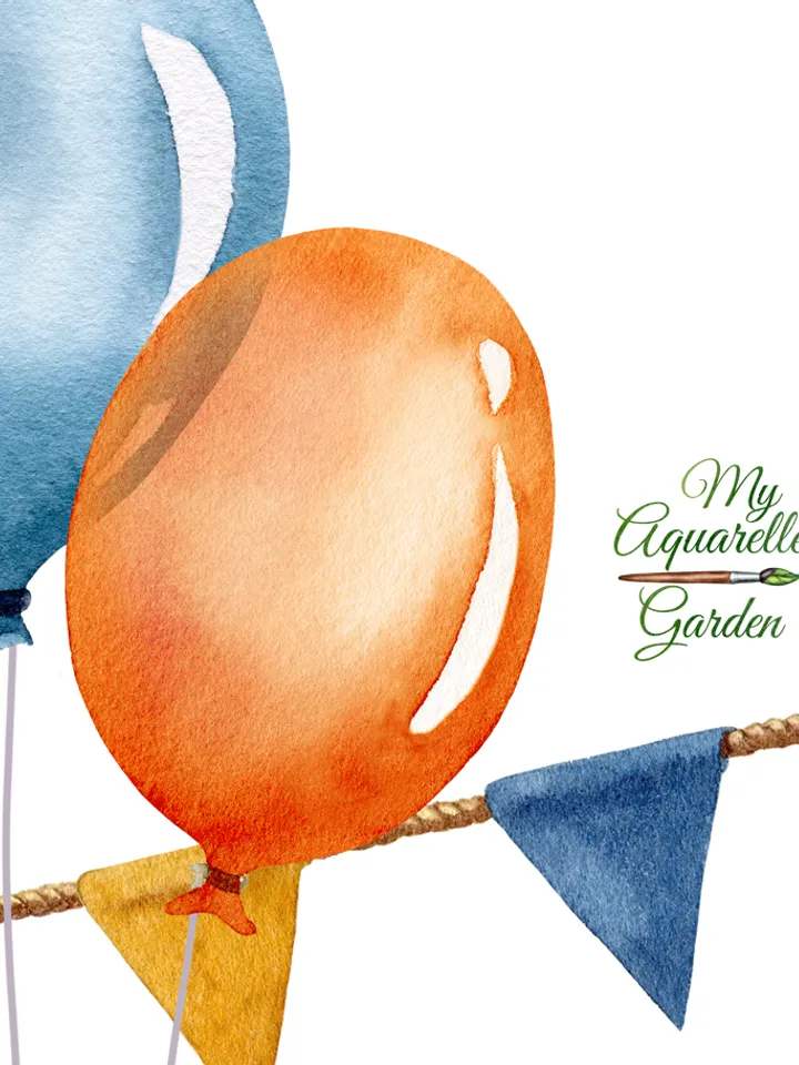 Party decoration. Watercolor clipart. Printable balloons, flags, stars, banners. Holiday wishes, invitations. Instatnt download PNG files