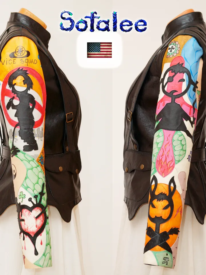 Exclusive women's handmade genuine black leather jacket bright applications sleeves. Painting lamb on leather clothes.