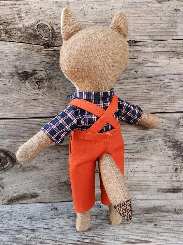 Beige coyote boy, stuffed wool coyote doll, textile plush soft toy