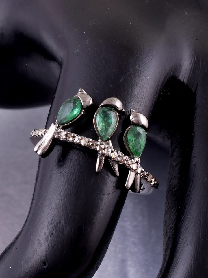 Natural Emerald diamond sterling silver Victorian Ring