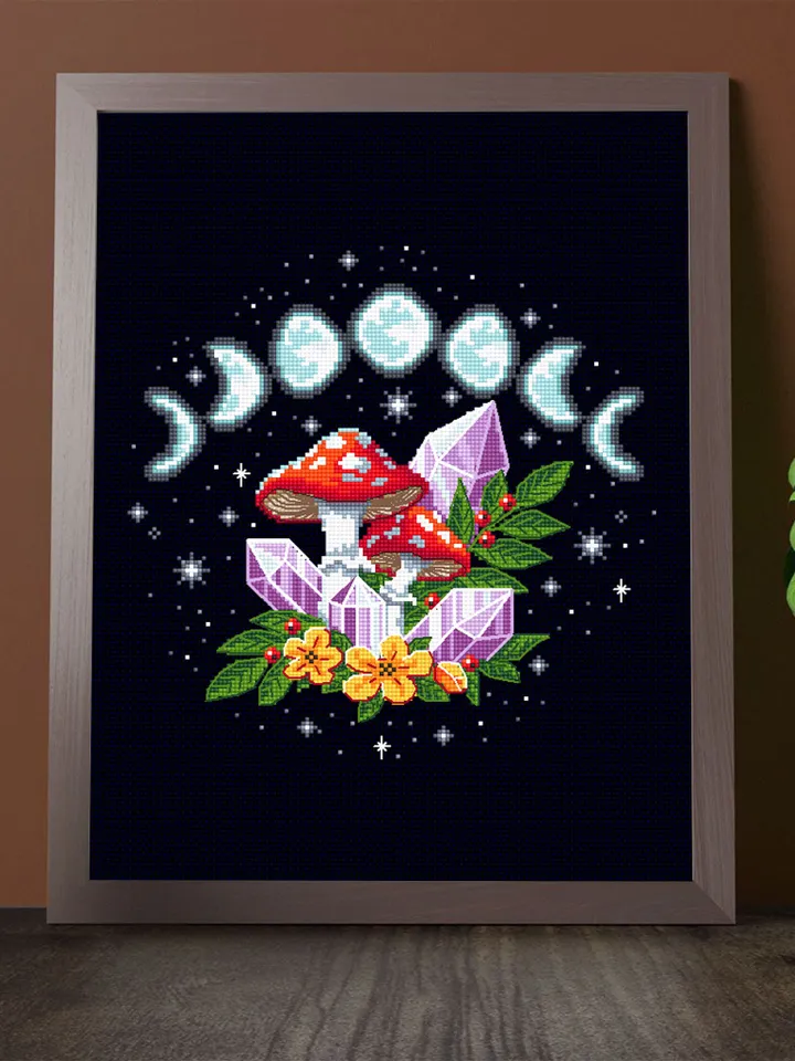 Moon phases cross stitch pattern download PDF Magic mushroom crystal cross stitch chart, Amanita mushroom cross stitch, Starry night #H52