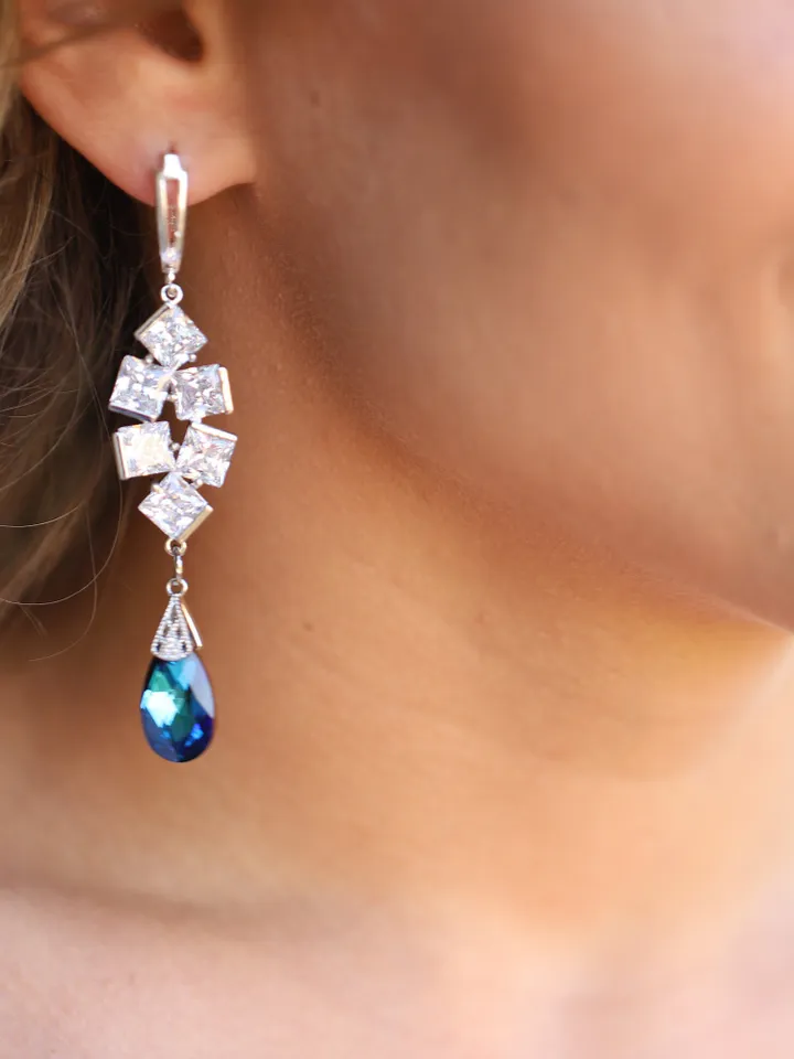 Swarovski Crystal Blue Wedding Earrings Cubic Zirconia LuxuryJewellery Bridal Jewelry Swarovski Crystal Bridal Jewellery Art Deco Earrings