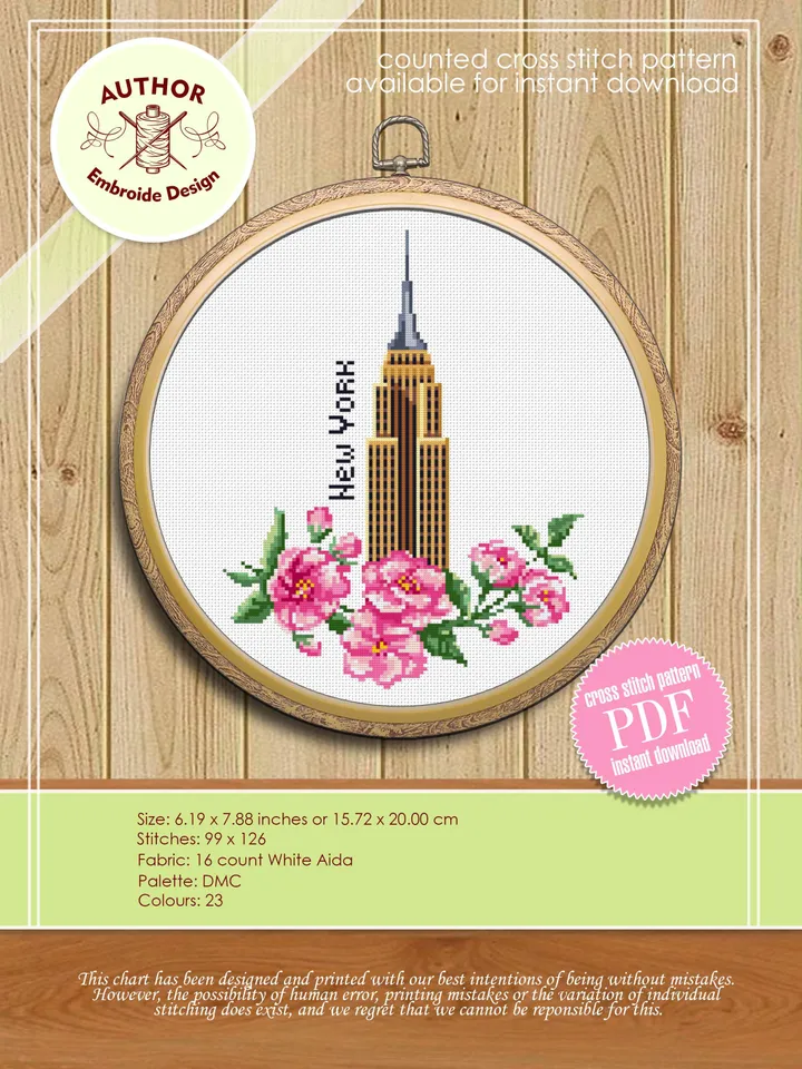 New York city cross stitch pattern download PDF Empire State Building digital Sakura flowers cross stitch chart United State pattern #E13