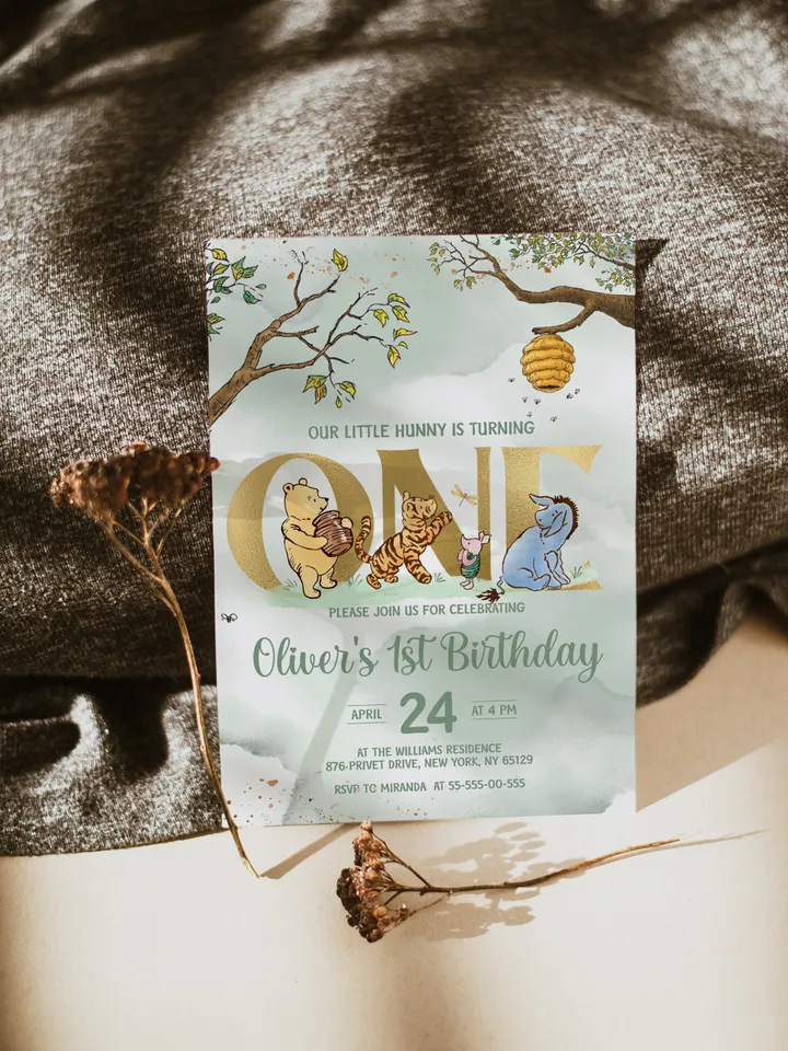 Classic Winnie Pooh Baby Birthday Invitation; Winnie Pooh Baby Birthday ; Greenery Baby Birthday; Honey Bear Birthday; Winnie Pooh wp