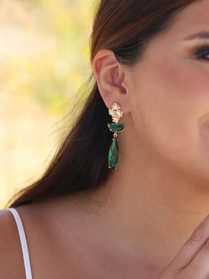 Gold 24K Emerald Green Art Deco Wedding Earrings For Brides, Vintage Style Flower Statement Bridal Earrings, Boho Wedding Earrings, Jewelry