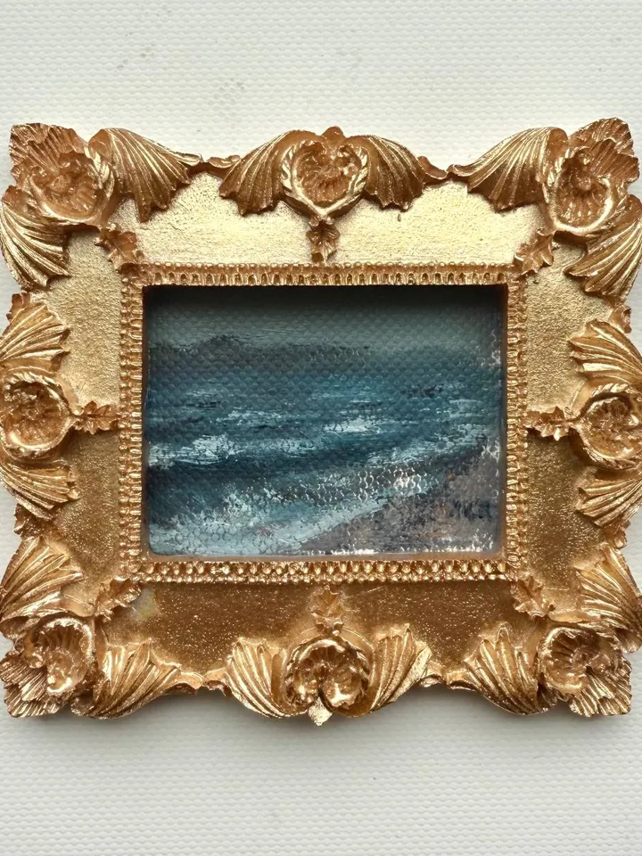 Small Landscape Oil Painting Framed Original Foggy Coast Painting Antique Ocean Art Gold Frame Tiny Paintings 3 x 4 Wave Art