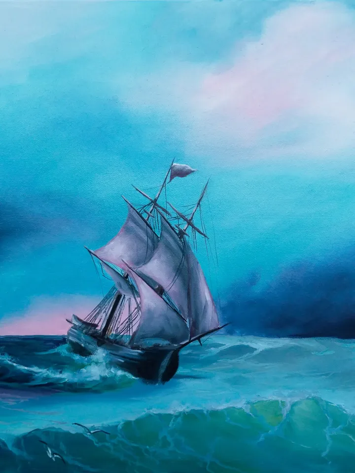 Commission Seascape oil painting Ship on the turquoise wave Wall art on