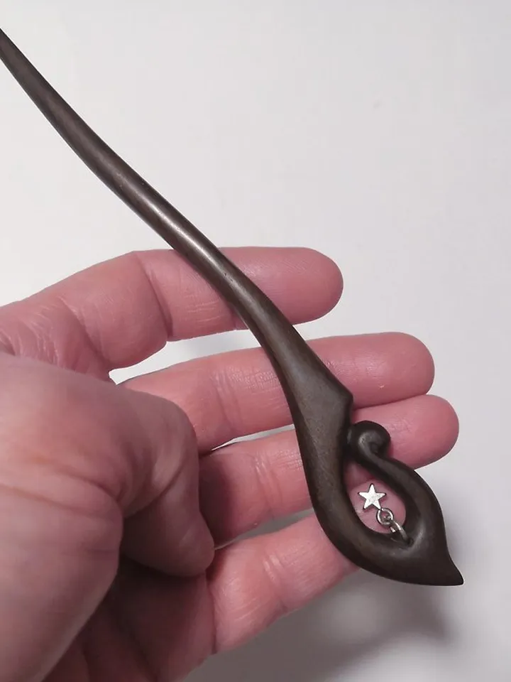 Handmade wooden hairpin made of walnut wood with pendant.