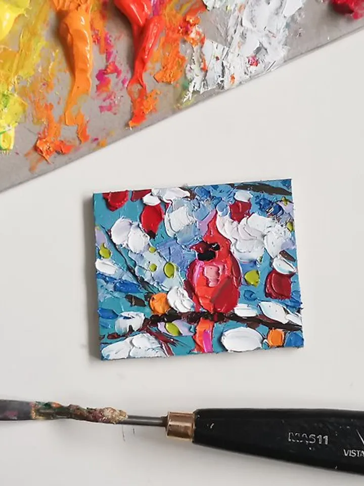 Cardinal Painting Original Art Bird Painting Small Oil Painting Verafe