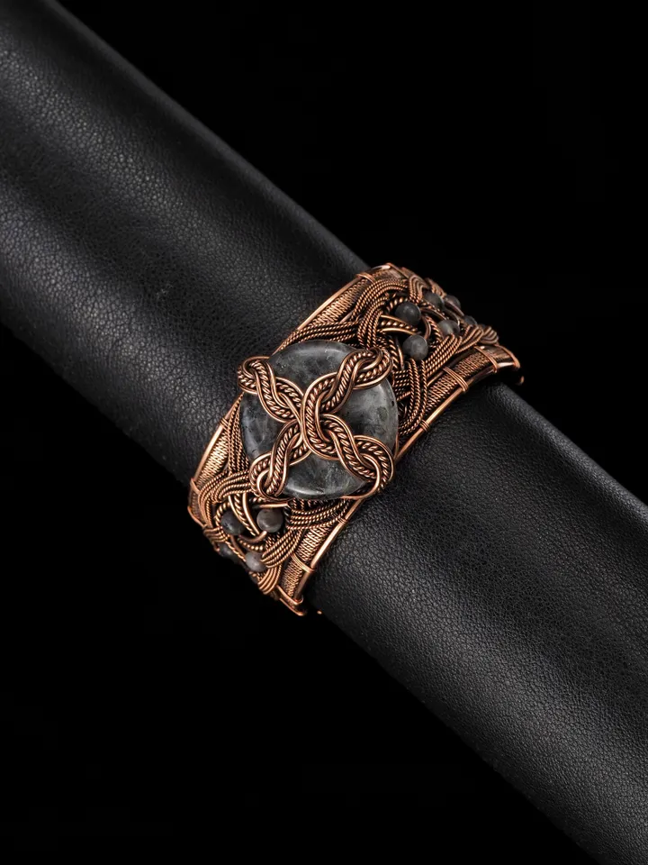 Copper wire wrapped larvikite bracelet Unique bangle 7th Wedding Anniversary