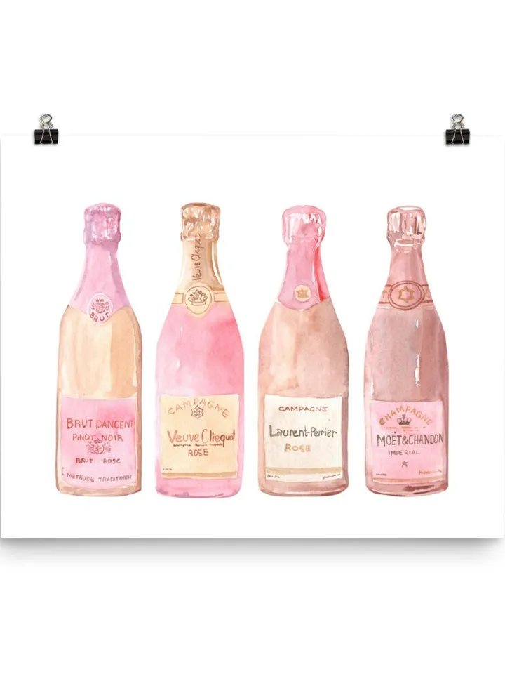 Bar Cart, Pink Champagne Bottle Watercolor Painting Print, Art Bar Cart Print, Pink Champagne Print, Drink Wall Art, Champagne Lover Gift