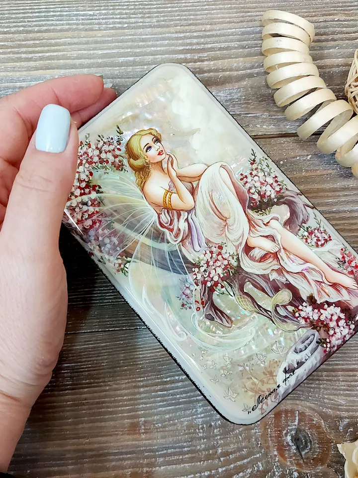 Beautiful Russian Lacquer Box "Forest fairy" Hand painted miniature painting jewelry box Mother of pearl Papier mache Art gift Fedoskino