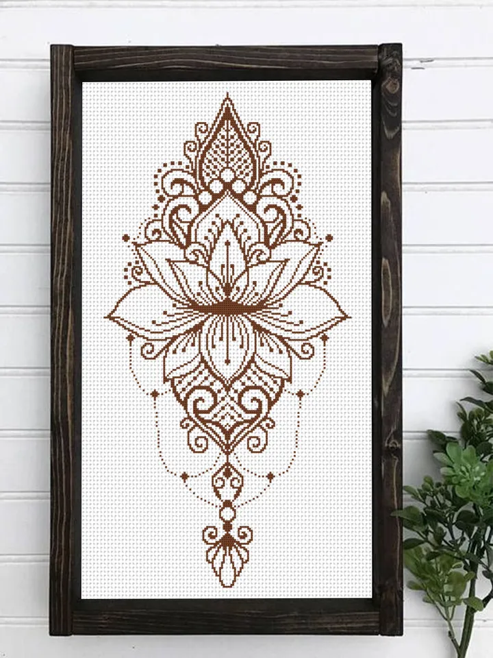 Lotus mandala cross stitch pattern download PDF, Monochrome mandala pattern digital PDF, Lotus flower cross stitch chart, Home decor #M99