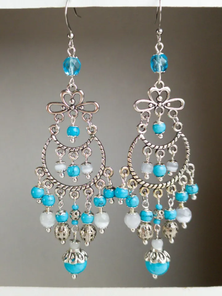 Blue beaded earrings ethnic chandelier dangle earrings