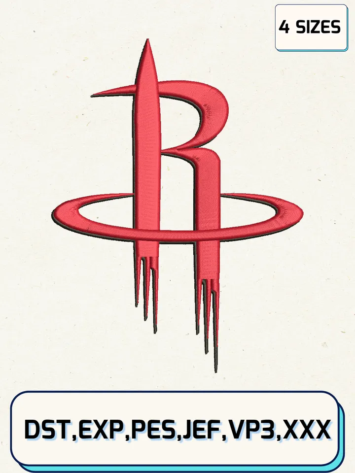 Houston Rockets Logo Embroidery Design Files,NBA Logos Embroidery Designs,Machine Embroidery Files,4 Sizes