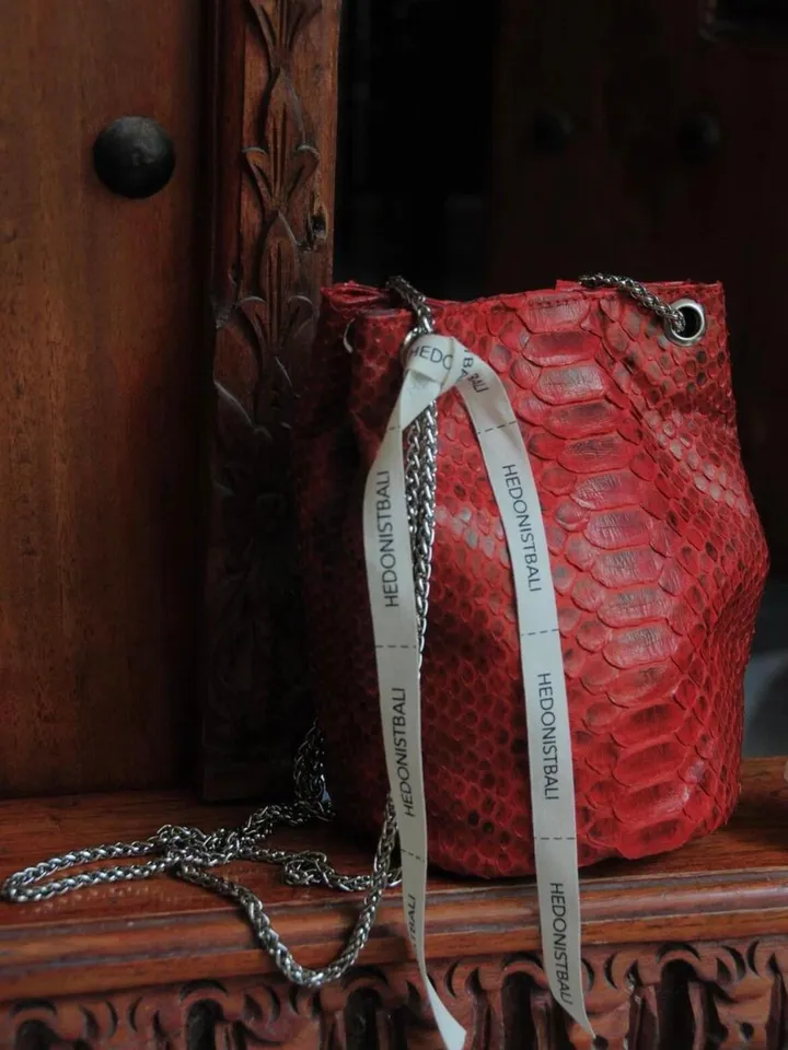 Genuine python skin bucket red chain bag / designer women purse / bright soft bag / exotic leather bags free shipping | gift for her