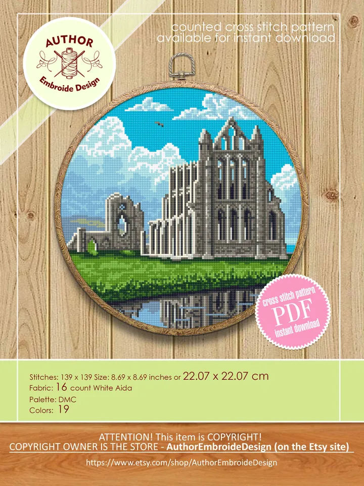 Whitby Abbey medieval castle cross stitch pattern download PDF Draculas castle embroidery PDF, Nature cross stitch, Gothic architecture #C7
