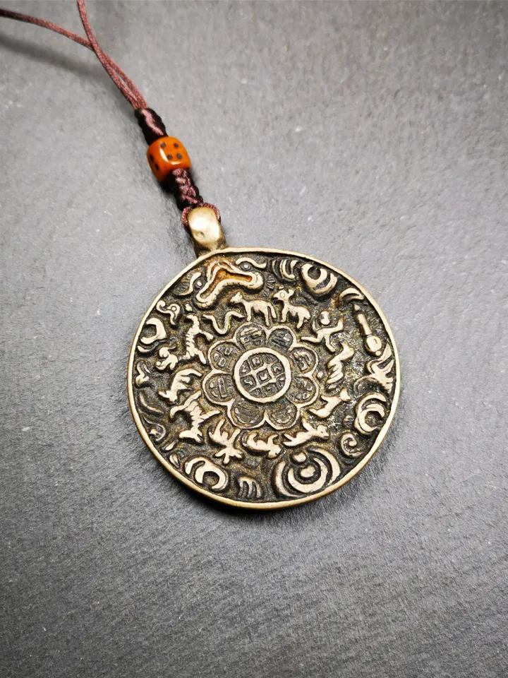 Gandhanra Antique Tibetan Buddhist Astrological Mandala,Calendar Badge,Melong Mirror,SIPAHO Amulet(srid pa ho),Made of Thokcha,60 Years Old