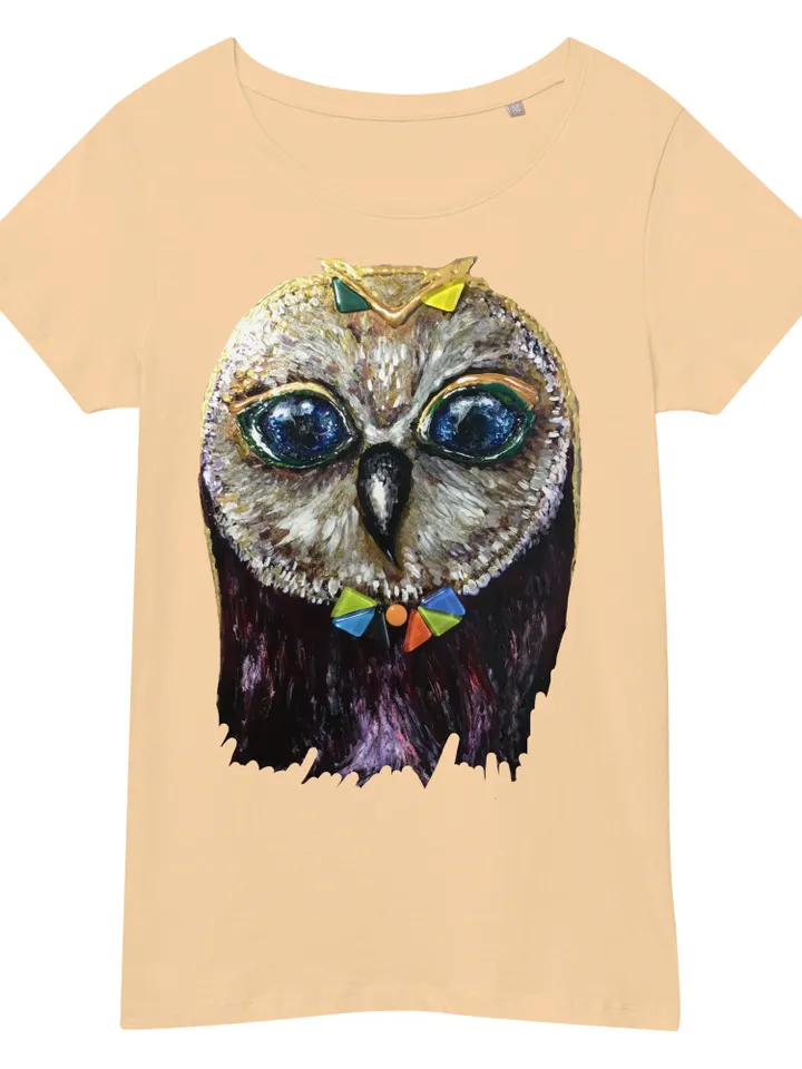 Red owl in glasses Women’s organic t-shirt made with my original stained glass painting,unique design handmade t shirt,special gift for her