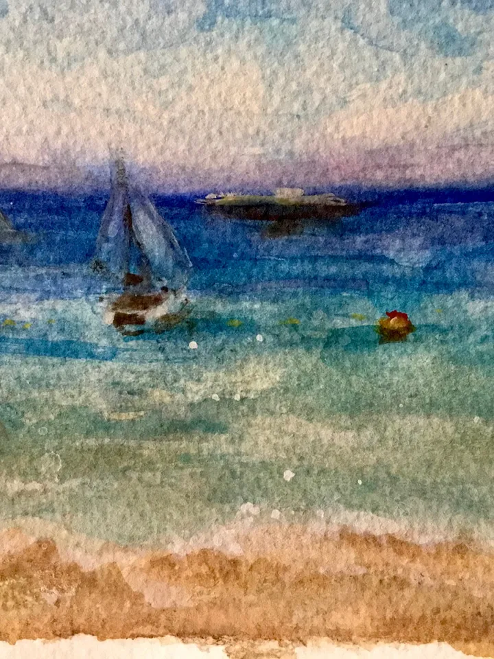 Tenerife Panoramic seascape,Las vistas beach,original watercolour painting,ocean,beach painting,boats painting,watercolour gifts.