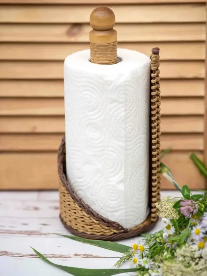 Paper towel holder with wooden tip. Wicker handmade holder.