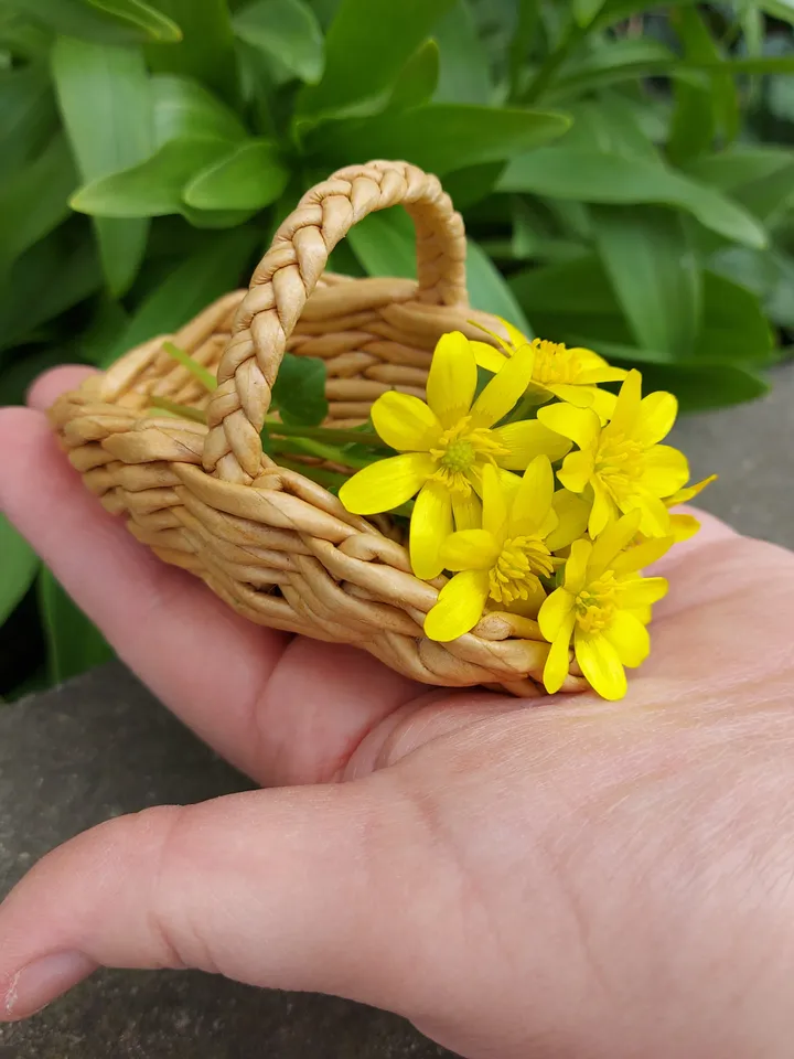 Small wicker flower basket. Dollhouse accessory. Handmade doll basket